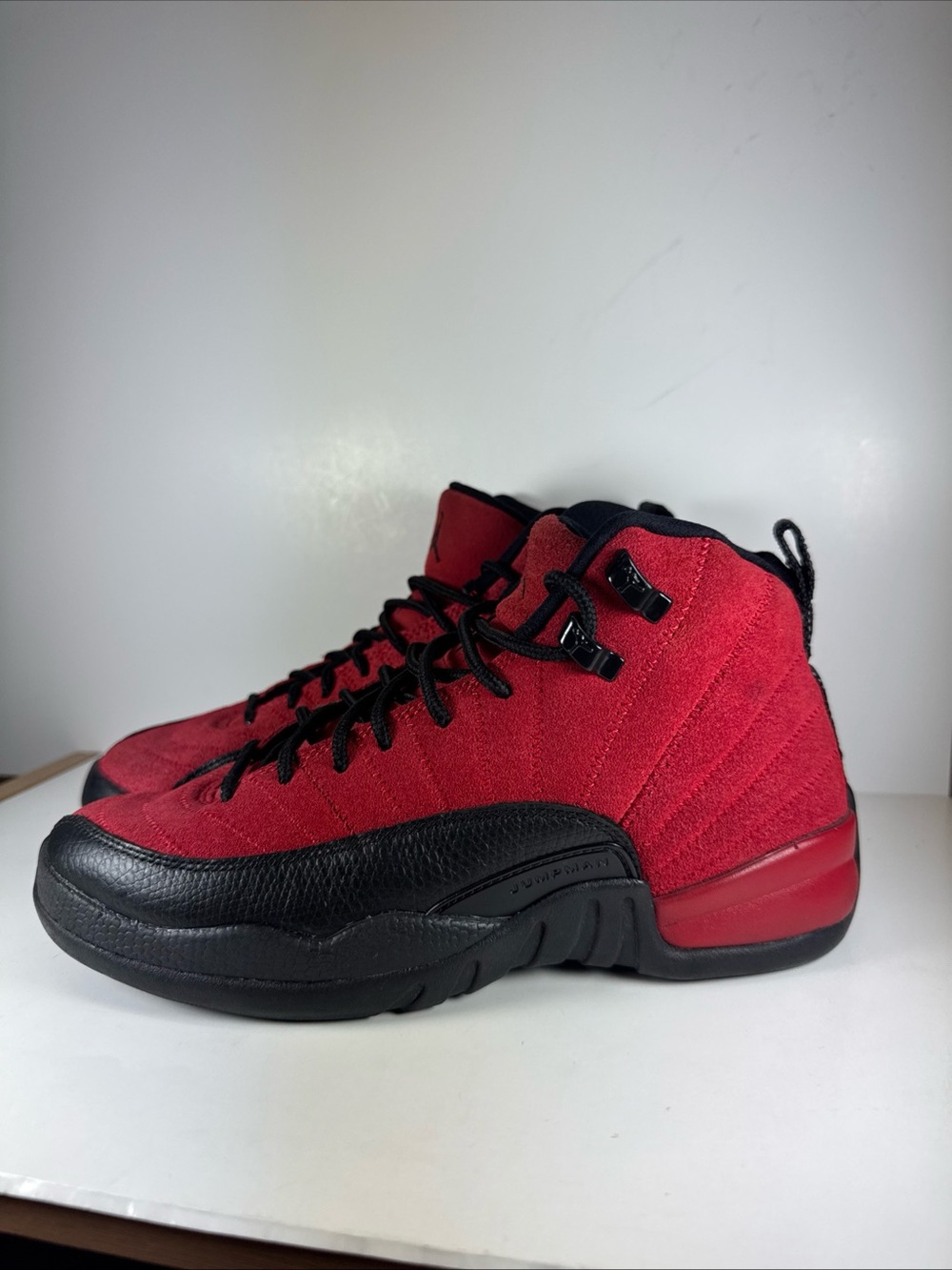 Air Jordan 12 Retro Reverse Flu Game Size 6.5Y Red & Black Suede Sneakers